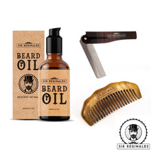 Load image into Gallery viewer, Sir Reginald's 3 Piece Beard Grooming Kit – 100ml Beard Oil, Sandalwood Comb & Foldable Moustache Comb – Free UK Delivery
