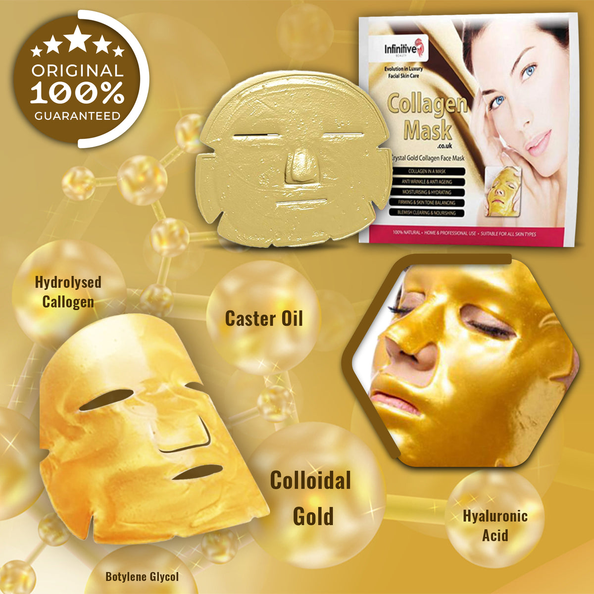Collagen Gold Mask Gesichtsmasken – 4 Stück, Mit 24K Gold, Anti-Aging, Feuchtigkeitsspendend, Für Alle Hauttypen