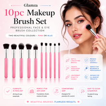 Load image into Gallery viewer, Glamza 10pc Makeup Brush Set – Professional Face &amp; Eye Brush Collection – Pink or Blue