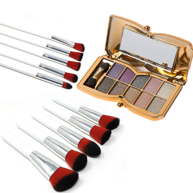 10pc White Handle Makeup Brush Set with Silver Ferrule – Optional 10 Colour Butterfly Palette – Free UK Delivery