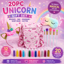 Load image into Gallery viewer, 20pc Children’s Unicorn Gift Set – Makeup Brushes, Bag, Headband, Sleep Mask &amp; Glitter