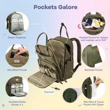 Load image into Gallery viewer, Large Capacity Diaper Bag Backpack with Changing Mat &amp; Accessories – Free UK Delivery - Olive Green