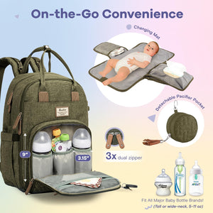 Large Capacity Diaper Bag Backpack with Changing Mat & Accessories – Free UK Delivery - Olive Green