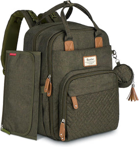 Large Capacity Diaper Bag Backpack with Changing Mat & Accessories – Free UK Delivery - Olive Green
