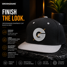 Load image into Gallery viewer, Groomarang Snapback Cap With Large Embroidered Logo - Black &amp; Grey