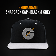 Load image into Gallery viewer, Groomarang Snapback Cap With Large Embroidered Logo - Black &amp; Grey