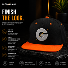Load image into Gallery viewer, Groomarang Snapback Cap With Large Embroidered Logo - Black with Orange