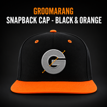 Load image into Gallery viewer, Groomarang Snapback Cap With Large Embroidered Logo - Black with Orange