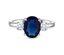 Load image into Gallery viewer, Diamond Style London - Oval cut blue ring with clear side stones in rhodi (Item code: Bluering6)