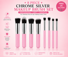 Load image into Gallery viewer, 8pc Chrome Silver Professional Makeup Brush Set – Black, White or Pink – Free UK Delivery