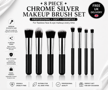 Load image into Gallery viewer, 8pc Chrome Silver Professional Makeup Brush Set – Black, White or Pink – Free UK Delivery