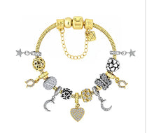 Load image into Gallery viewer, Diamond Style London - Charm bracelet with central heart and moon charms (Item code: Charmbraheartgold)