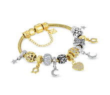 Load image into Gallery viewer, Diamond Style London - Charm bracelet with central heart and moon charms (Item code: Charmbraheartgold)