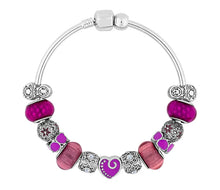 Load image into Gallery viewer, Diamond Style London - Charm Bracelet with Purple Charms on Solid Bangle (Item code: Charmbraspurp)