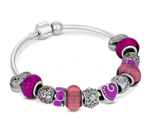 Load image into Gallery viewer, Diamond Style London - Charm Bracelet with Purple Charms on Solid Bangle (Item code: Charmbraspurp)