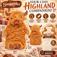 Load image into Gallery viewer, Snuggables Highland Cow Hot Water Bottle 1L – Brown Fluffy Faux Fur Cover