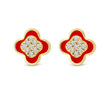 Load image into Gallery viewer, Diamond Style London - Clover earrings in yellow gold plating with red en (Item code: Cloverearrredgold)