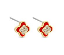 Load image into Gallery viewer, Diamond Style London - Clover earrings in yellow gold plating with red en (Item code: Cloverearrredgold)