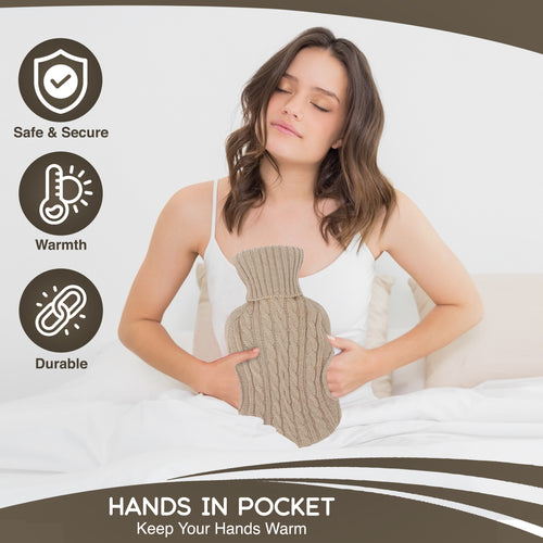 2 Litre Hot Water Bottle 'EXTRA WARMTH'  with Knitted Cover and Hand Pockets 3 Colours