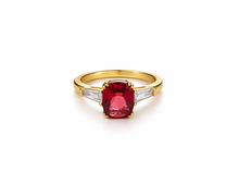 Load image into Gallery viewer, Diamond Style London Ring - Oval Crystal Gold Ring In Ruby Red with Clear Side Stones