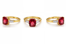 Load image into Gallery viewer, Diamond Style London Ring - Oval Crystal Gold Ring In Ruby Red with Clear Side Stones