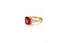 Load image into Gallery viewer, Diamond Style London Ring - Oval Crystal Gold Ring In Ruby Red with Clear Side Stones
