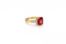 Load image into Gallery viewer, Diamond Style London Ring - Oval Crystal Gold Ring In Ruby Red with Clear Side Stones