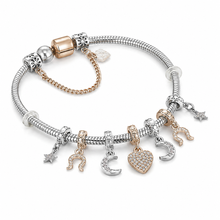 Load image into Gallery viewer, Diamond Style London - Celestial Charm Bracelet Gold Plated Heart Pendant - Star, Horseshoe &amp; Crescent Moon