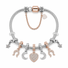 Load image into Gallery viewer, Diamond Style London - Celestial Charm Bracelet Gold Plated Heart Pendant - Star, Horseshoe &amp; Crescent Moon