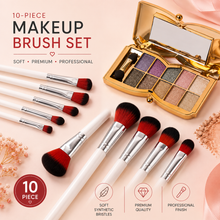 Load image into Gallery viewer, 10pc White Handle Makeup Brush Set with Silver Ferrule – Optional 10 Colour Butterfly Palette – Free UK Delivery