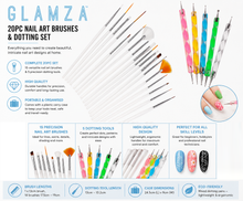Load image into Gallery viewer, Glamza 20pc Nail Art Brushes &amp; Dotting Set with Optional 10-Pack Nail Art Sponges