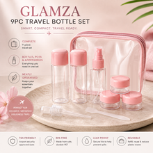 Load image into Gallery viewer, Glamza 9-Piece Travel Bottle Set with Carry Bag – Pink or Green Lids | Free UK Delivery