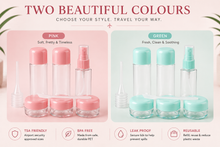Load image into Gallery viewer, Glamza 9-Piece Travel Bottle Set with Carry Bag – Pink or Green Lids | Free UK Delivery