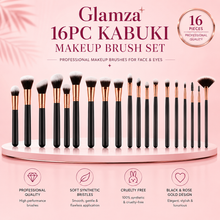 Load image into Gallery viewer, Glamza 16pc Kabuki Makeup Brush Set – Black and Rose Gold – Free UK Delivery