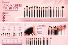 Load image into Gallery viewer, Glamza 16pc Kabuki Makeup Brush Set – Black and Rose Gold – Free UK Delivery
