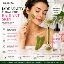 Load image into Gallery viewer, Glamza Jade Roller &amp; Gua Sha Set + Dermier Collagen Serum 30ml