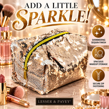 Load image into Gallery viewer, Lesser &amp; Pavey Sequin Cosmetic Bag – Rose Gold Sparkly to White Makeup &amp; Toiletry Bag with Zip – 18cm