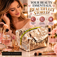 Load image into Gallery viewer, Lesser &amp; Pavey Sequin Cosmetic Bag – Rose Gold Sparkly to White Makeup &amp; Toiletry Bag with Zip – 18cm