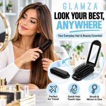 Load image into Gallery viewer, 2-in-1 Mini Folding Detangle Hair Brush with Mirror Black