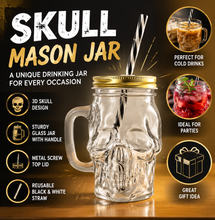 Load image into Gallery viewer, Puckator Skull Design Drinking Glass Jar with Reusable Straw and Metal Lid - Clear/Black/White/Metallic/Gold
