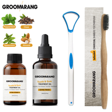 Load image into Gallery viewer, Groomarang Gum Oil, Tongue Scraper &amp; Bamboo Toothbrush