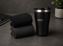 Load image into Gallery viewer, Hugo Boss Gift Set - 2 Pairs of Men's Socks UK Size 6 - 11 with Thermal Mug - Slightly damaged box, products perfect!