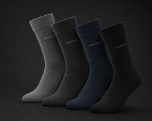Load image into Gallery viewer, Hugo Boss Gift Set - 4 Pairs of Premium Men's Socks (Black, Blue, Grey &amp; Dark Grey)