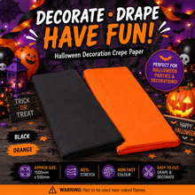 Load image into Gallery viewer, Halloween Decoration Crepe Paper – Black or Orange – 1500mm x 500mm