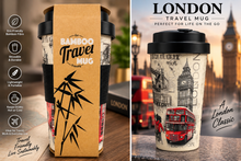 Load image into Gallery viewer, Lesser &amp; Pavey Eco Bamboo Travel Mug – London Collage Reusable Coffee Cup (Dishwasher Safe)