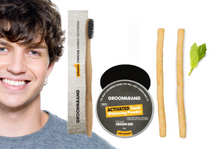 Load image into Gallery viewer, Groomarang Activated Teeth Whitening Charcoal Powder, Bamboo Toothbrush &amp; Miswak Twin Pack