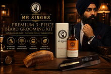 Load image into Gallery viewer, Mr Singh’s 3 Piece Beard Grooming Kit – 100ml Beard Oil, Sandalwood Comb &amp; Foldable Moustache Comb – Free UK Delivery