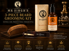 Load image into Gallery viewer, Mr Singh’s 3 Piece Beard Grooming Kit – 100ml Beard Oil, Sandalwood Comb &amp; Foldable Moustache Comb – Free UK Delivery