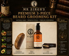 Load image into Gallery viewer, Mr Singh’s 3 Piece Beard Grooming Kit – 100ml Beard Oil, Sandalwood Comb &amp; Foldable Moustache Comb – Free UK Delivery