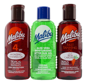 Malibu 3 Pack 100ml - SF4 Bronze Tanning Oil, Aloe Vera After Sun & Fast Tanning Oil
